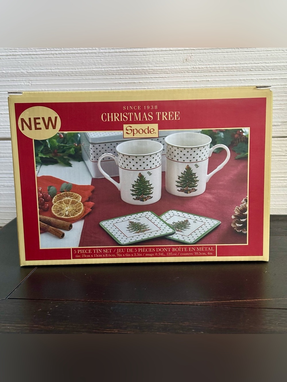 Spode Christmas Tree Polka Dot 5 Piece Mug and Coaster Set with Tin Gift Box NEW